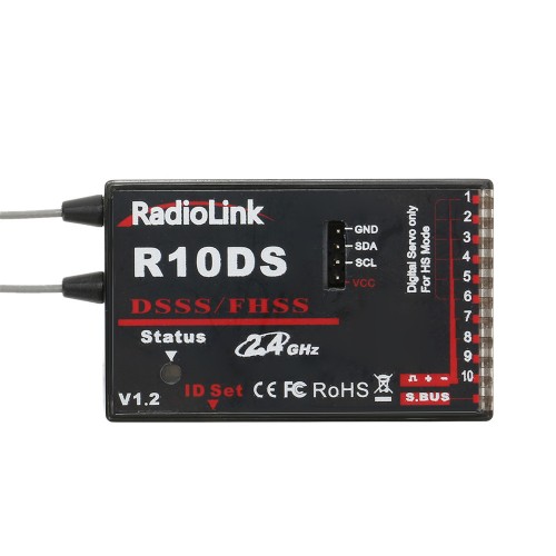 RadioLink R10DS 2.4G 10CH DSSS RC Receiver for RadioLink AT9 AT10 RC Transmitter RC Helicopter Multirotor FPV