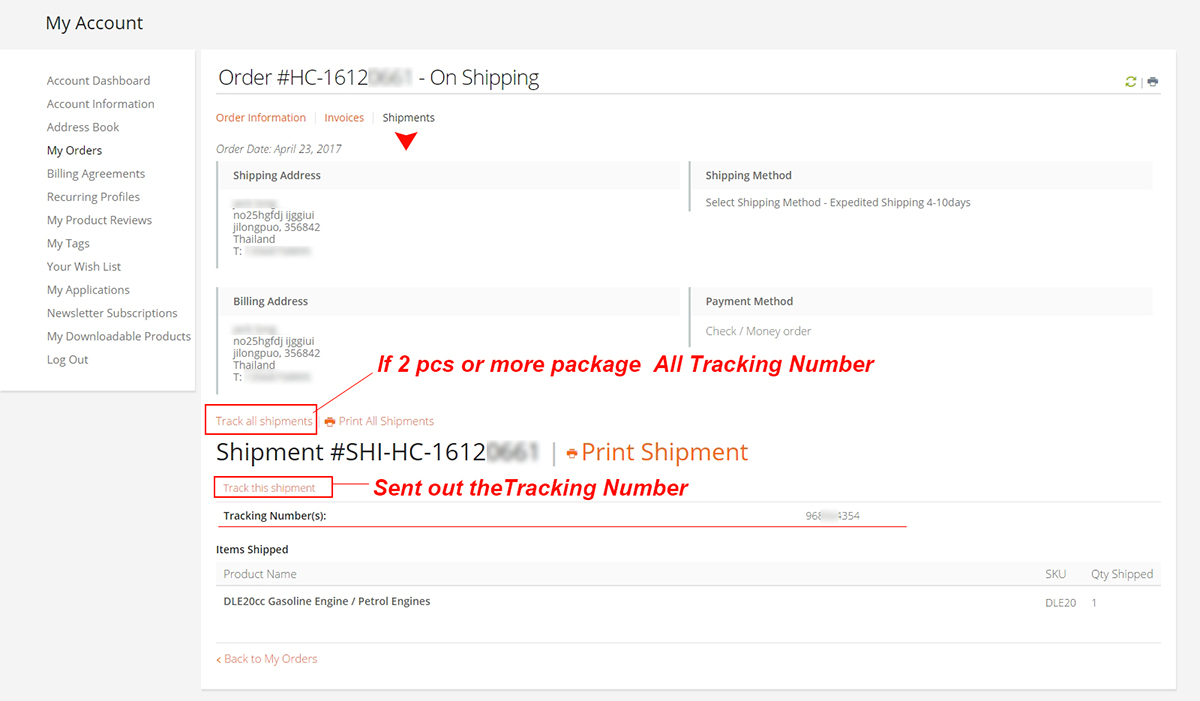 hobby china my order buy ship tracking Number