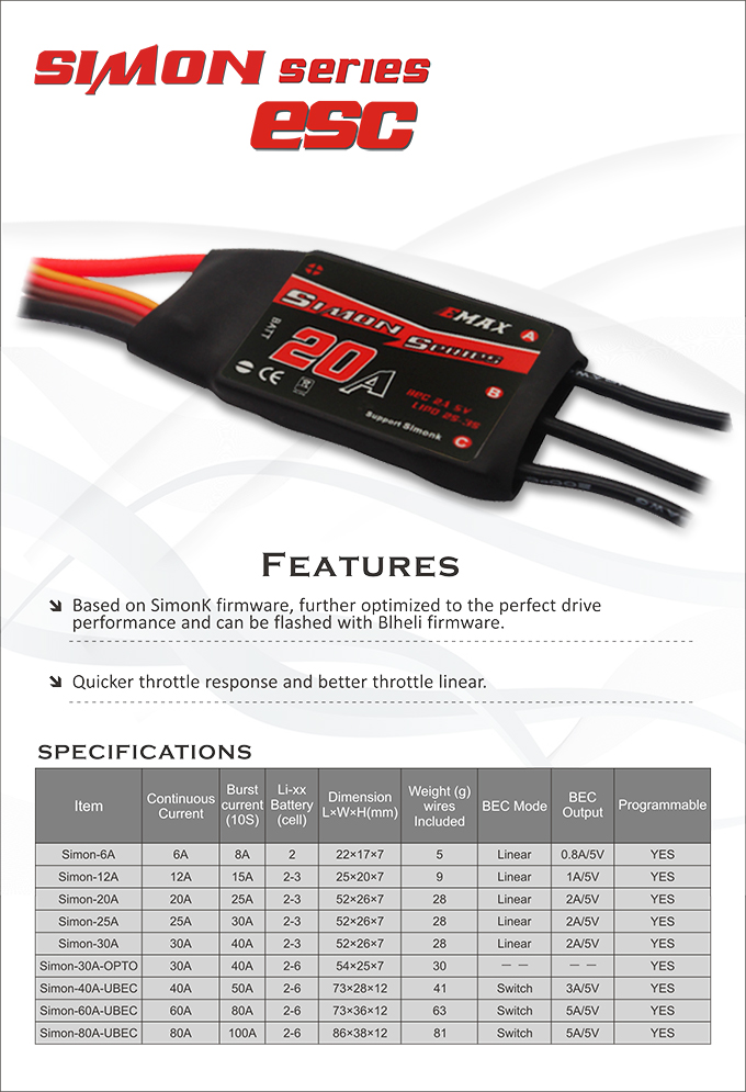 Emax Simonk 20A ESC Brushless Electronic Speed Controller ubec For RC Quadcopter Multicopter
