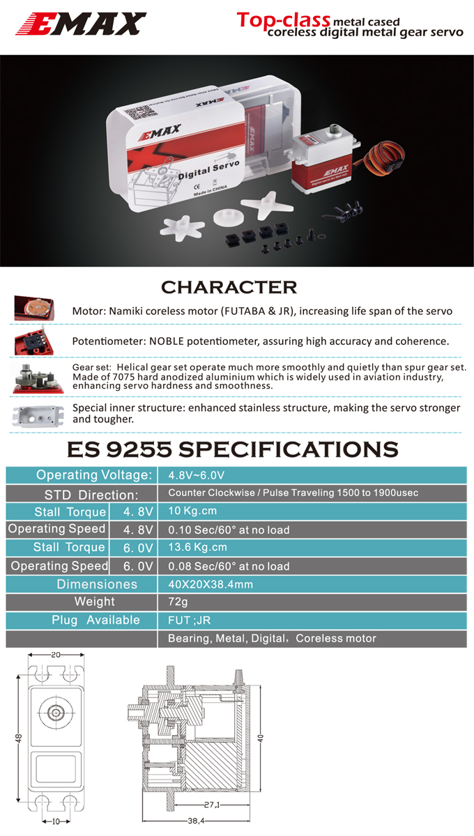 EMAX ES9255 13.6kg 6.0V Digital Servo with Metal Gear