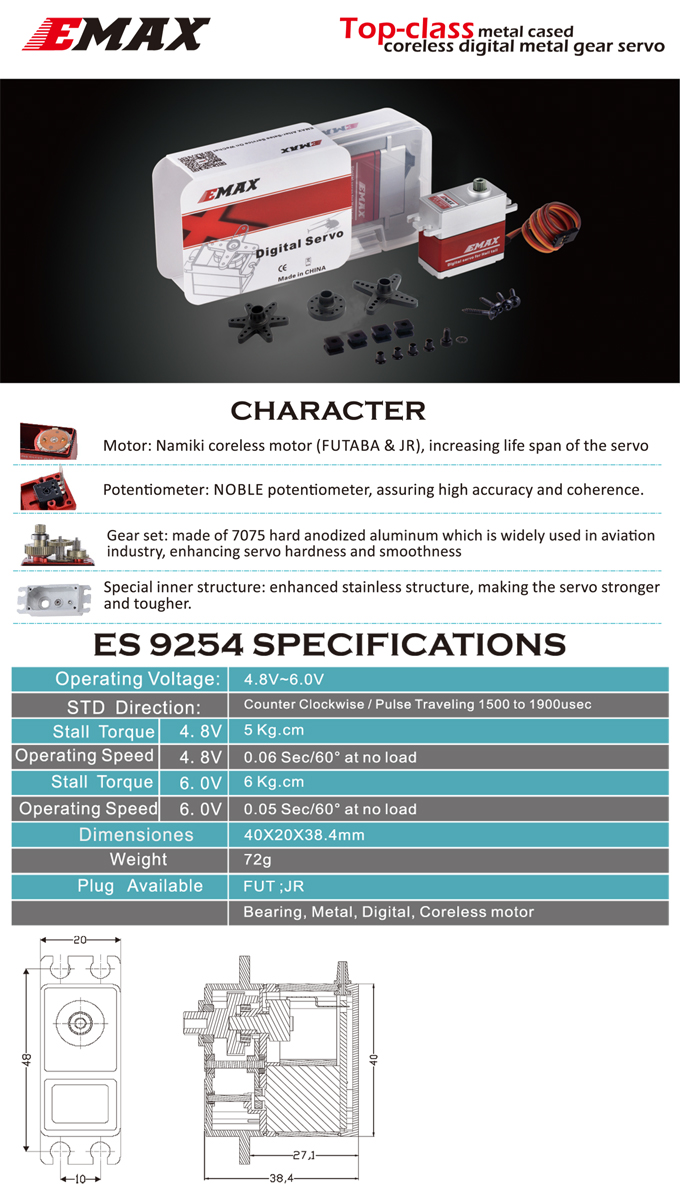 EMAX ES9254 6kg 6.0V Digital Servo with Metal Gear